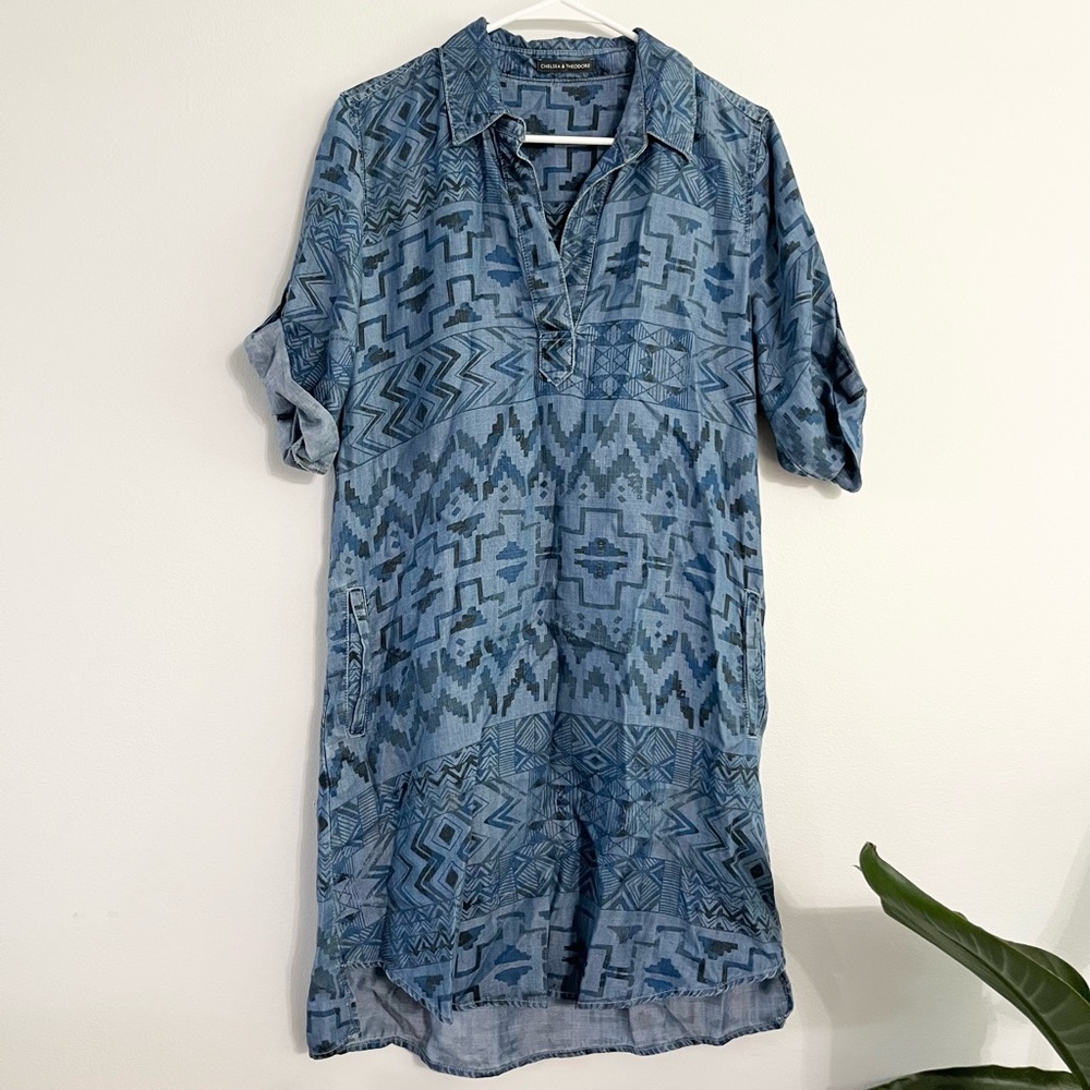 Chelsea and Theodore Blue Chambray Geo Tribal Print Tunic Dress Small